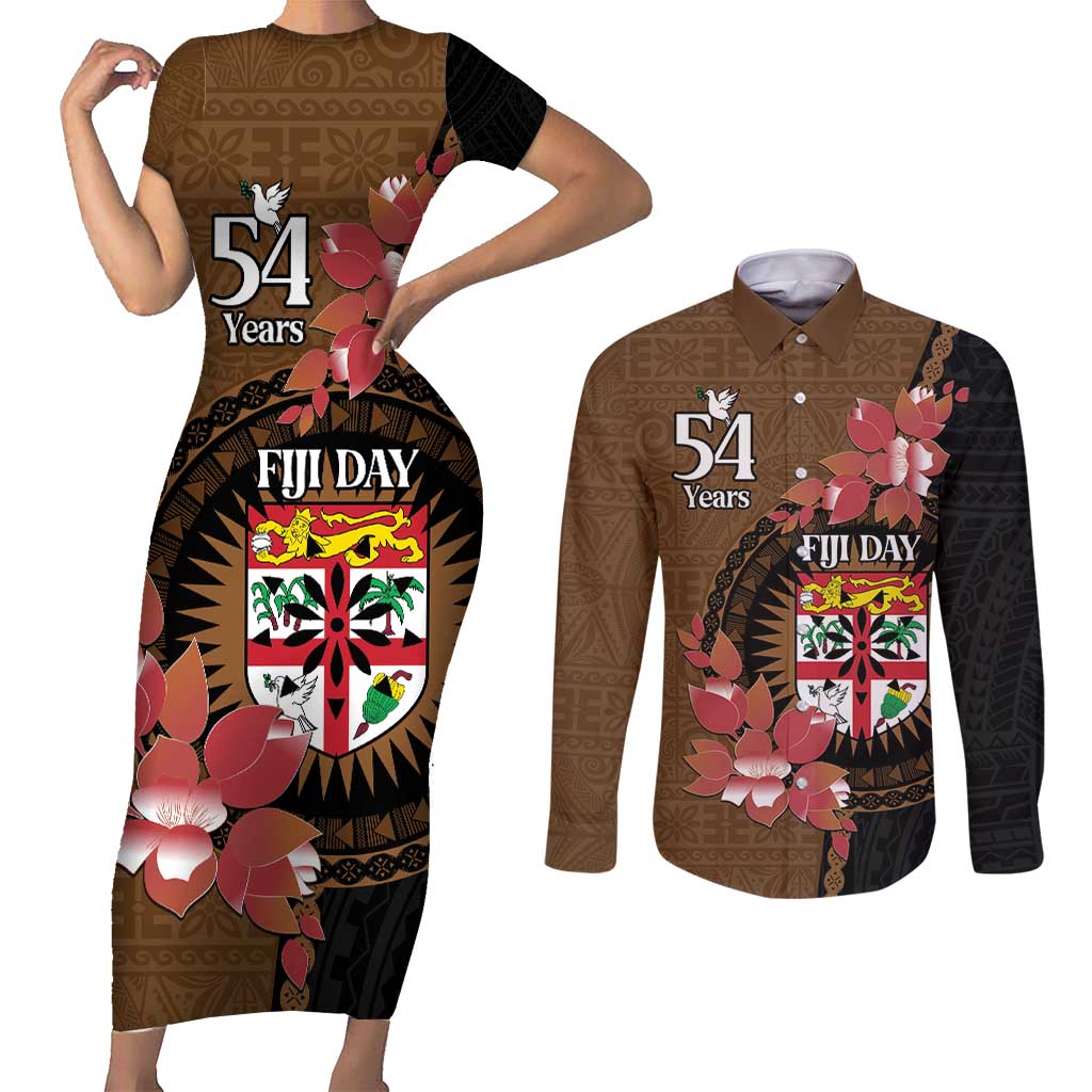 Personalised Fiji Day Couples Matching Short Sleeve Bodycon Dress and Long Sleeve Button Shirt Fijian Tapa Pattern Mix Tagimoucia - Brown Version LT14 Brown - Polynesian Pride