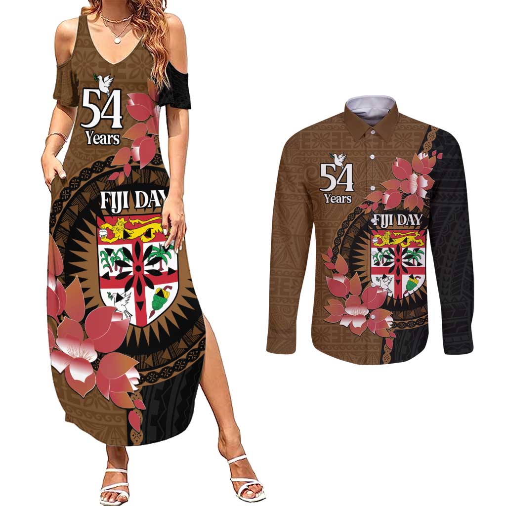 Personalised Fiji Day Couples Matching Summer Maxi Dress and Long Sleeve Button Shirt Fijian Tapa Pattern Mix Tagimoucia - Brown Version LT14 Brown - Polynesian Pride
