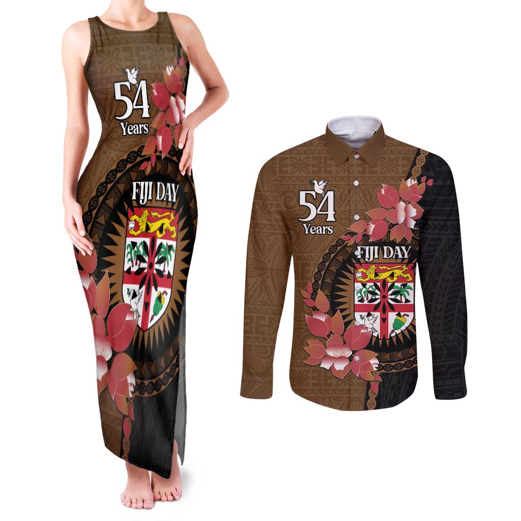 Personalised Fiji Day Couples Matching Tank Maxi Dress and Long Sleeve Button Shirt Fijian Tapa Pattern Mix Tagimoucia - Brown Version LT14 Brown - Polynesian Pride