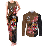 Personalised Fiji Day Couples Matching Tank Maxi Dress and Long Sleeve Button Shirt Fijian Tapa Pattern Mix Tagimoucia - Brown Version LT14 Brown - Polynesian Pride