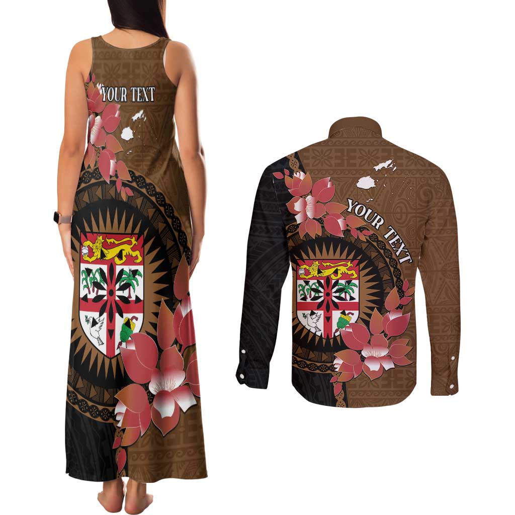 Personalised Fiji Day Couples Matching Tank Maxi Dress and Long Sleeve Button Shirt Fijian Tapa Pattern Mix Tagimoucia - Brown Version LT14 - Polynesian Pride
