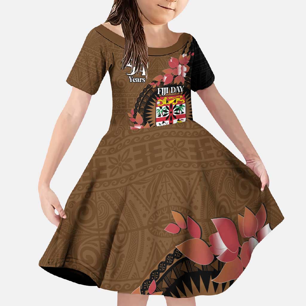 Personalised Fiji Day Family Matching Long Sleeve Bodycon Dress and Hawaiian Shirt Fijian Tapa Pattern Mix Tagimoucia - Brown Version LT14 Daughter's Dress Brown - Polynesian Pride
