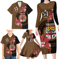 Personalised Fiji Day Family Matching Long Sleeve Bodycon Dress and Hawaiian Shirt Fijian Tapa Pattern Mix Tagimoucia - Brown Version LT14 - Polynesian Pride