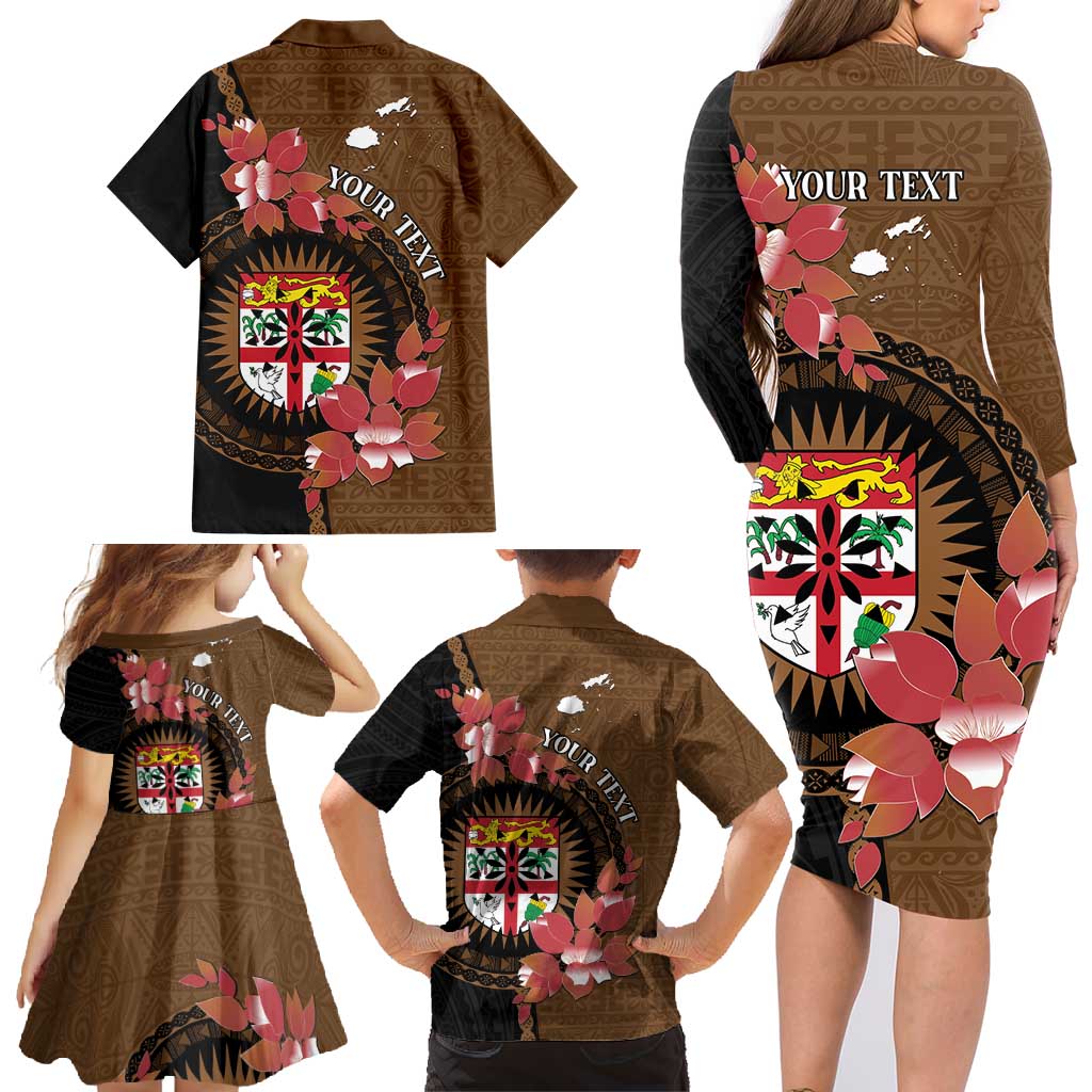 Personalised Fiji Day Family Matching Long Sleeve Bodycon Dress and Hawaiian Shirt Fijian Tapa Pattern Mix Tagimoucia - Brown Version LT14 - Polynesian Pride