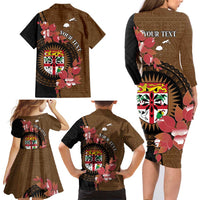 Personalised Fiji Day Family Matching Long Sleeve Bodycon Dress and Hawaiian Shirt Fijian Tapa Pattern Mix Tagimoucia - Brown Version LT14 - Polynesian Pride