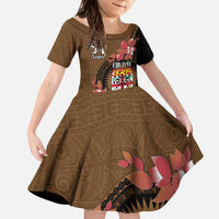 Personalised Fiji Day Family Matching Off The Shoulder Long Sleeve Dress and Hawaiian Shirt Fijian Tapa Pattern Mix Tagimoucia - Brown Version LT14 Daughter's Dress Brown - Polynesian Pride