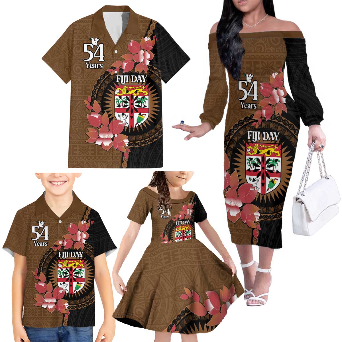 Personalised Fiji Day Family Matching Off The Shoulder Long Sleeve Dress and Hawaiian Shirt Fijian Tapa Pattern Mix Tagimoucia - Brown Version LT14 - Polynesian Pride