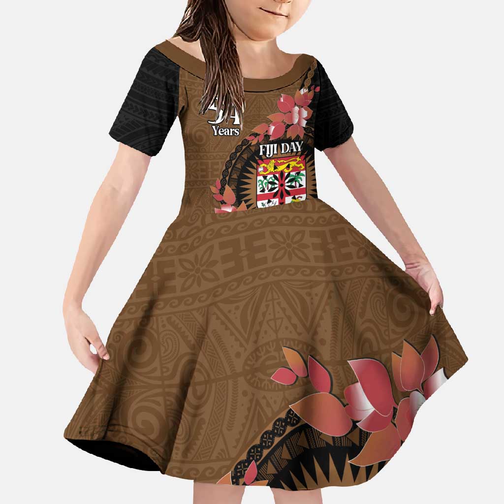 Personalised Fiji Day Family Matching Off Shoulder Maxi Dress and Hawaiian Shirt Fijian Tapa Pattern Mix Tagimoucia - Brown Version LT14 Daughter's Dress Brown - Polynesian Pride