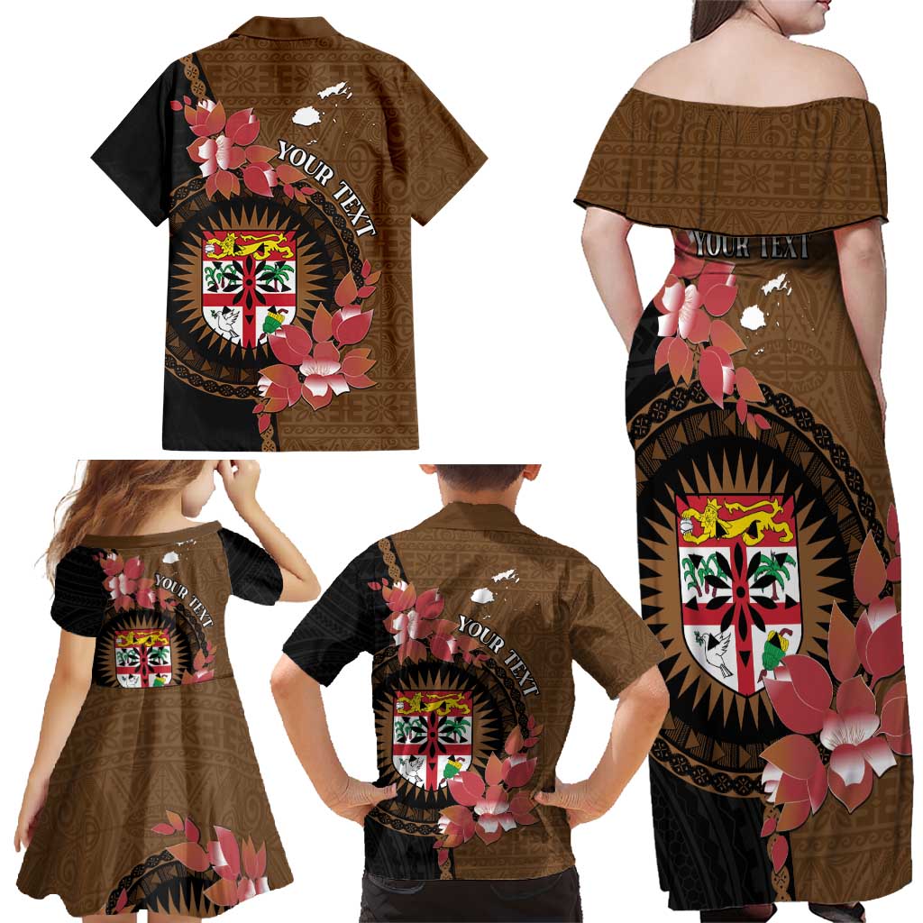 Personalised Fiji Day Family Matching Off Shoulder Maxi Dress and Hawaiian Shirt Fijian Tapa Pattern Mix Tagimoucia - Brown Version LT14 - Polynesian Pride
