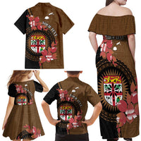 Personalised Fiji Day Family Matching Off Shoulder Maxi Dress and Hawaiian Shirt Fijian Tapa Pattern Mix Tagimoucia - Brown Version LT14 - Polynesian Pride