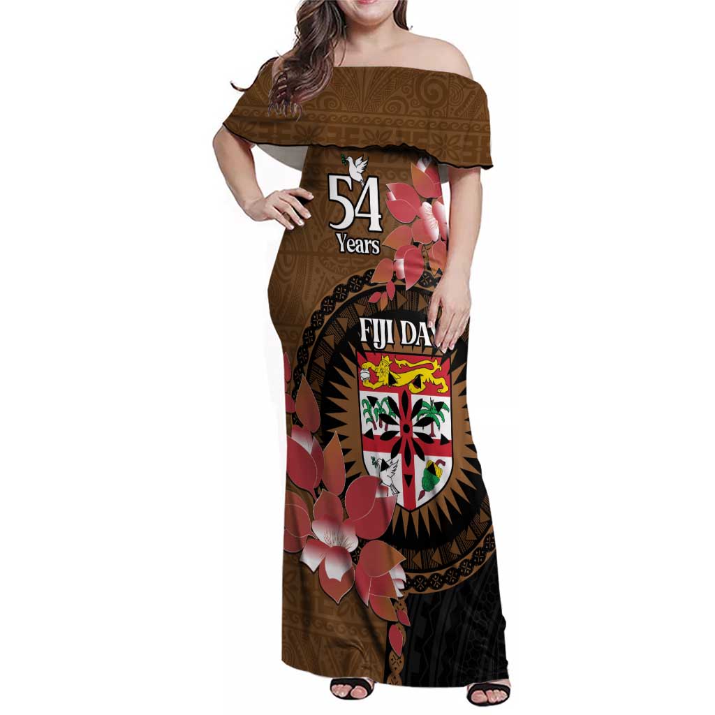 Personalised Fiji Day Family Matching Off Shoulder Maxi Dress and Hawaiian Shirt Fijian Tapa Pattern Mix Tagimoucia - Brown Version LT14 Mom's Dress Brown - Polynesian Pride