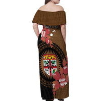 Personalised Fiji Day Family Matching Off Shoulder Maxi Dress and Hawaiian Shirt Fijian Tapa Pattern Mix Tagimoucia - Brown Version LT14 - Polynesian Pride