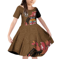 Personalised Fiji Day Family Matching Off Shoulder Short Dress and Hawaiian Shirt Fijian Tapa Pattern Mix Tagimoucia - Brown Version LT14 Daughter's Dress Brown - Polynesian Pride