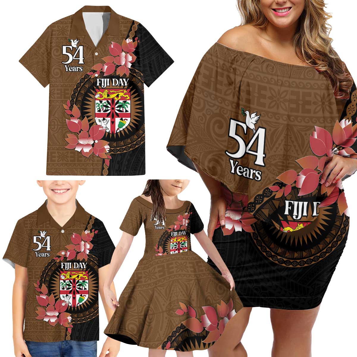 Personalised Fiji Day Family Matching Off Shoulder Short Dress and Hawaiian Shirt Fijian Tapa Pattern Mix Tagimoucia - Brown Version LT14 - Polynesian Pride