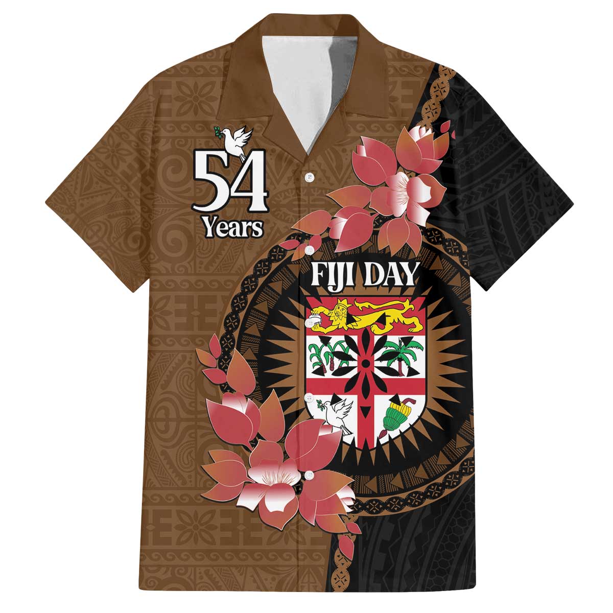 Personalised Fiji Day Family Matching Off Shoulder Short Dress and Hawaiian Shirt Fijian Tapa Pattern Mix Tagimoucia - Brown Version LT14 Dad's Shirt - Short Sleeve Brown - Polynesian Pride