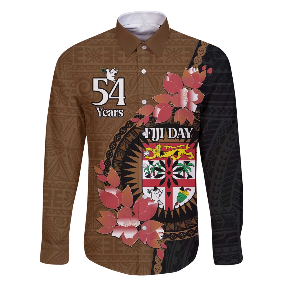 Personalised Fiji Day Family Matching Off Shoulder Short Dress and Hawaiian Shirt Fijian Tapa Pattern Mix Tagimoucia - Brown Version LT14 Dad's Shirt - Long Sleeve Brown - Polynesian Pride
