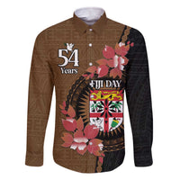Personalised Fiji Day Family Matching Off Shoulder Short Dress and Hawaiian Shirt Fijian Tapa Pattern Mix Tagimoucia - Brown Version LT14 Dad's Shirt - Long Sleeve Brown - Polynesian Pride