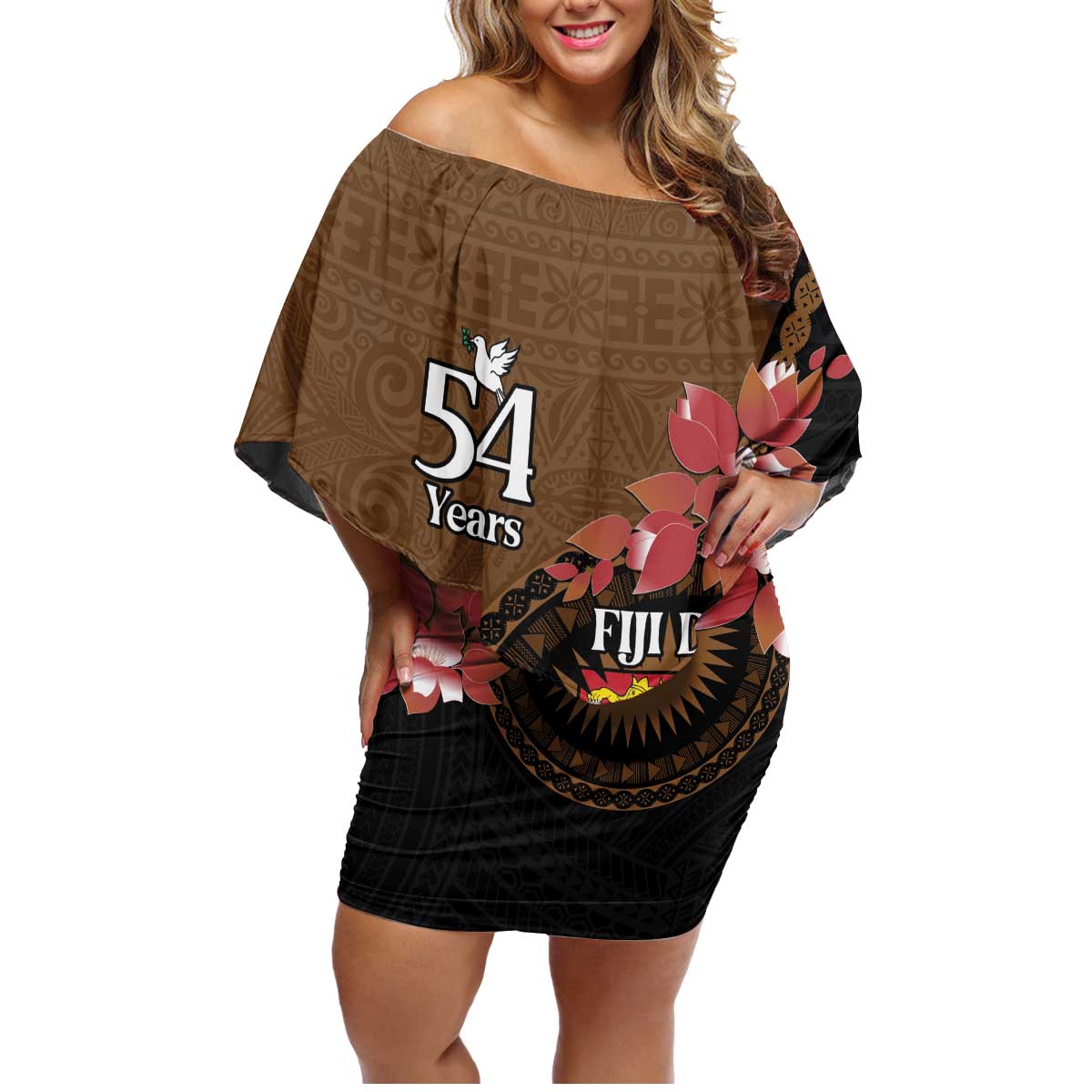 Personalised Fiji Day Family Matching Off Shoulder Short Dress and Hawaiian Shirt Fijian Tapa Pattern Mix Tagimoucia - Brown Version LT14 Mom's Dress Brown - Polynesian Pride