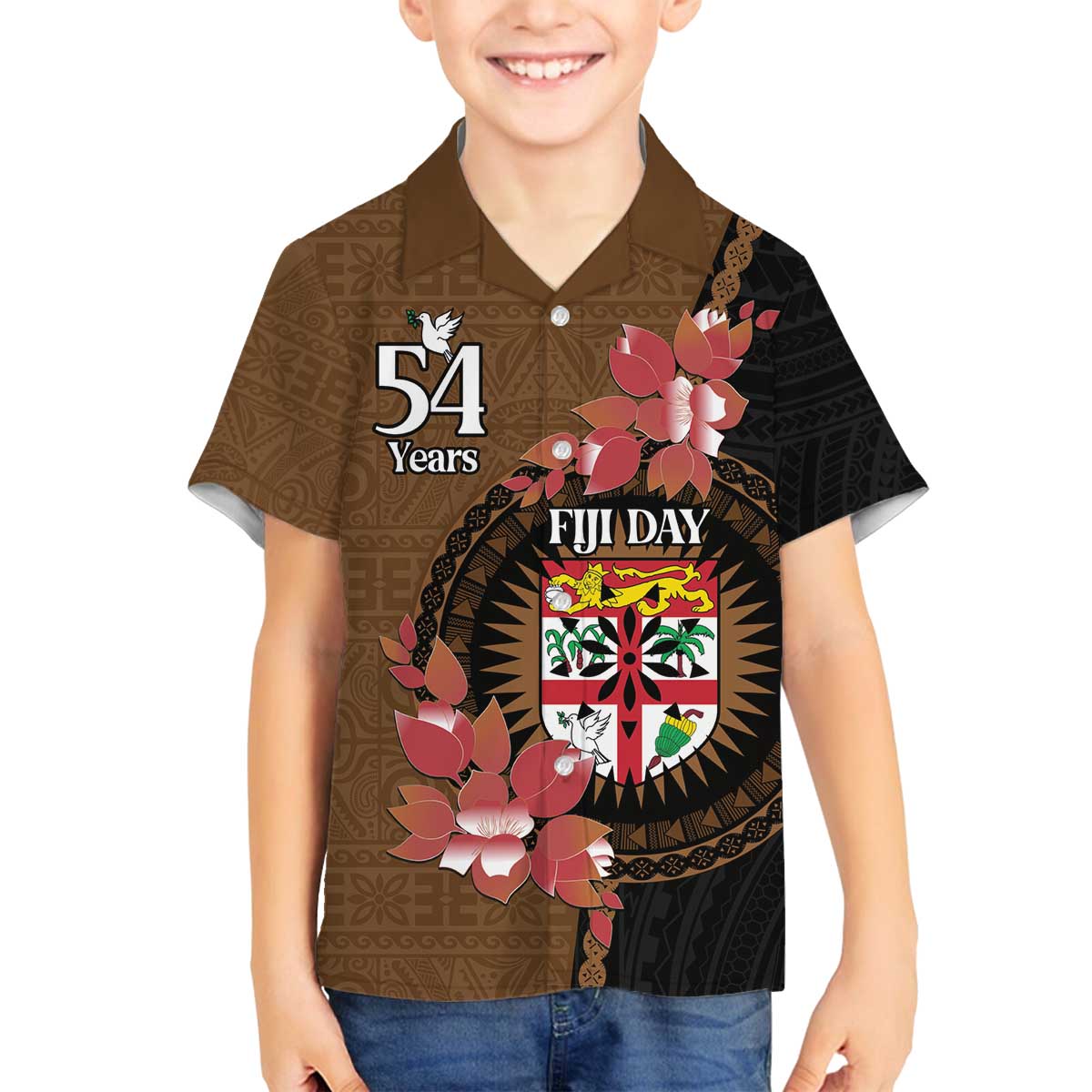 Personalised Fiji Day Family Matching Off Shoulder Short Dress and Hawaiian Shirt Fijian Tapa Pattern Mix Tagimoucia - Brown Version LT14 Son's Shirt Brown - Polynesian Pride