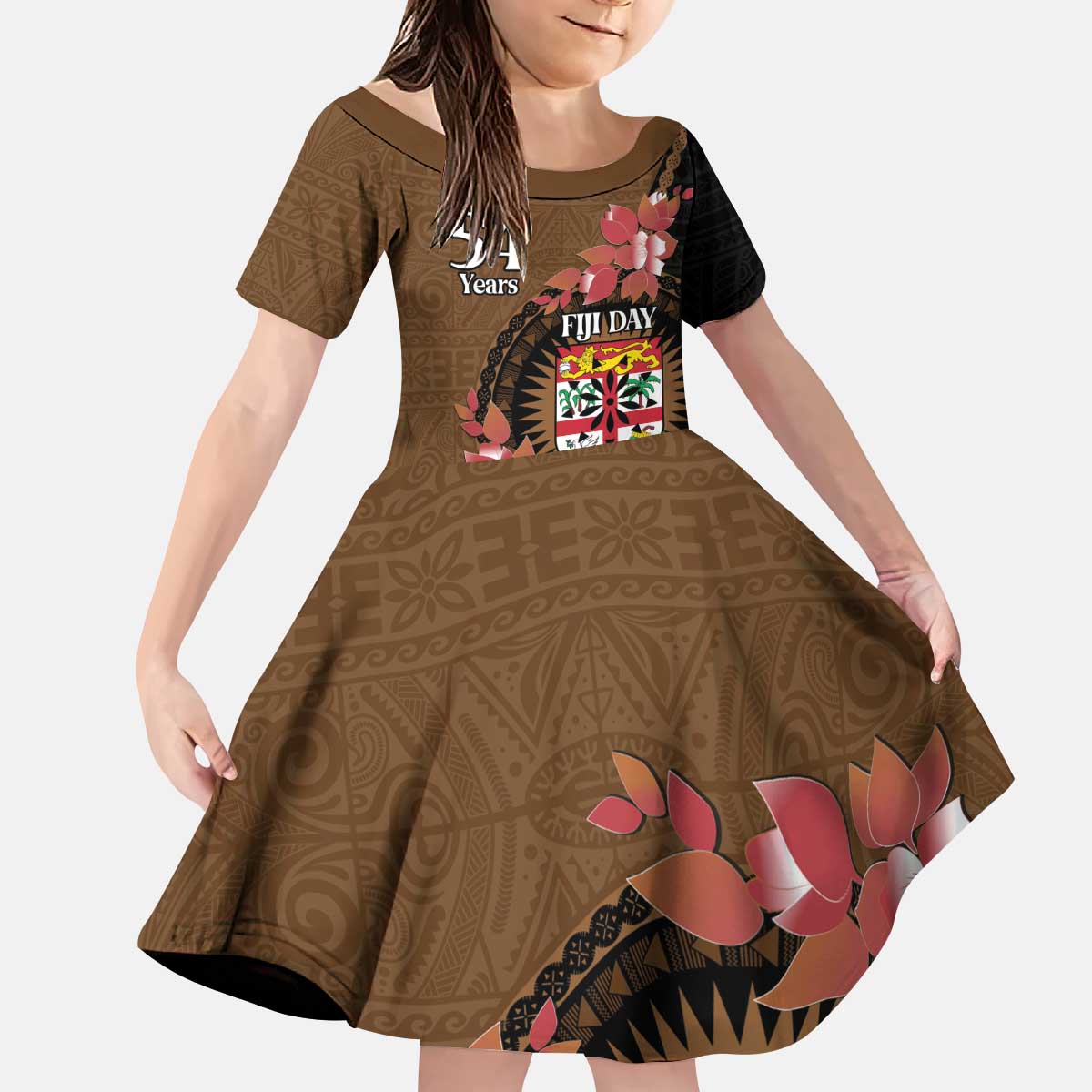 Personalised Fiji Day Family Matching Puletasi and Hawaiian Shirt Fijian Tapa Pattern Mix Tagimoucia - Brown Version LT14 Daughter's Dress Brown - Polynesian Pride