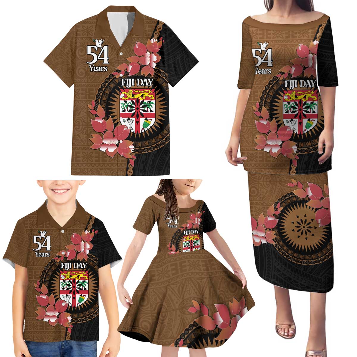 Personalised Fiji Day Family Matching Puletasi and Hawaiian Shirt Fijian Tapa Pattern Mix Tagimoucia - Brown Version LT14 - Polynesian Pride