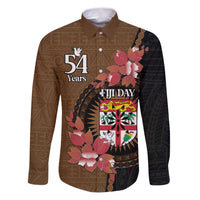 Personalised Fiji Day Family Matching Puletasi and Hawaiian Shirt Fijian Tapa Pattern Mix Tagimoucia - Brown Version LT14 Dad's Shirt - Long Sleeve Brown - Polynesian Pride