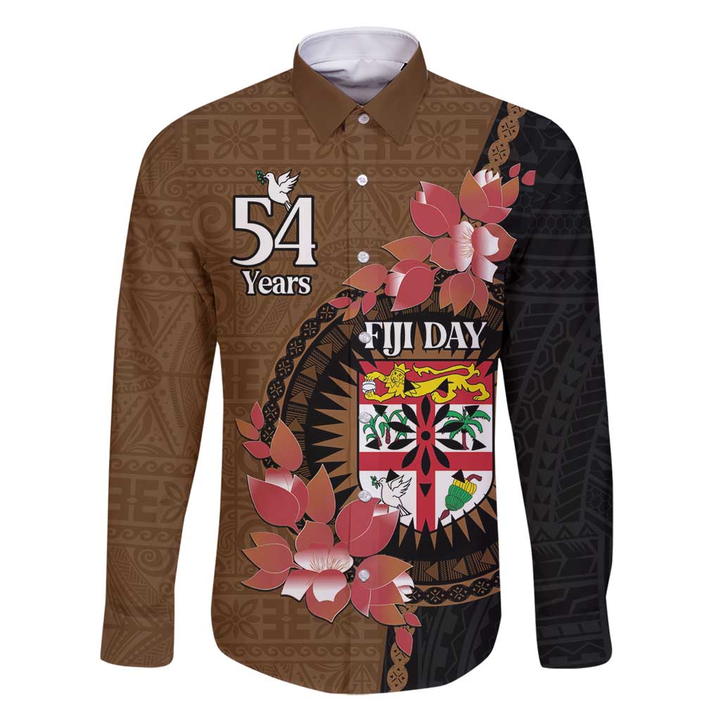 Personalised Fiji Day Family Matching Summer Maxi Dress and Hawaiian Shirt Fijian Tapa Pattern Mix Tagimoucia - Brown Version LT14 Dad's Shirt - Long Sleeve Brown - Polynesian Pride