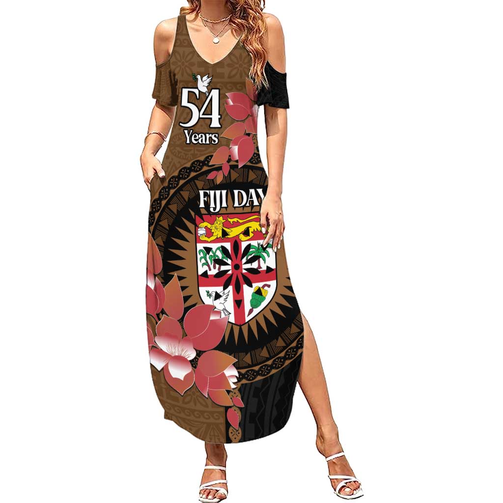 Personalised Fiji Day Family Matching Summer Maxi Dress and Hawaiian Shirt Fijian Tapa Pattern Mix Tagimoucia - Brown Version LT14 Mom's Dress Brown - Polynesian Pride