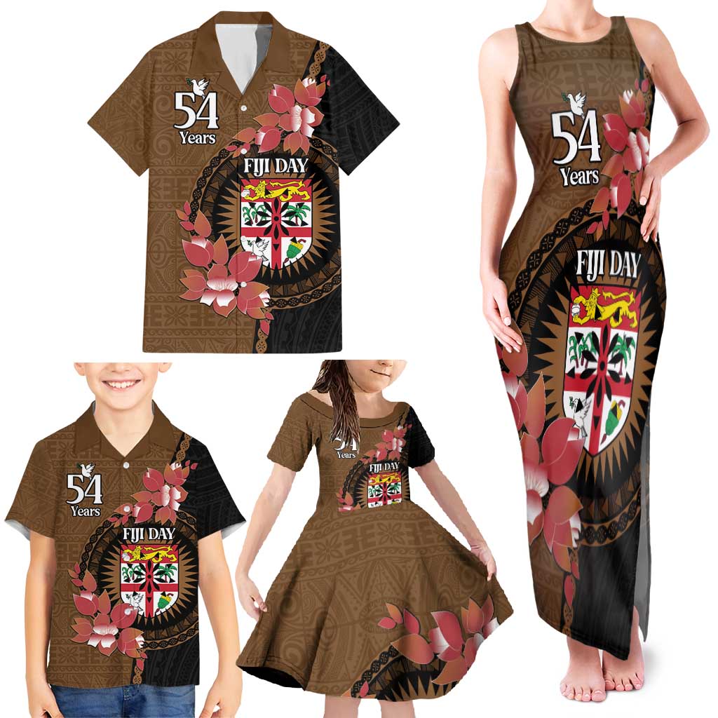 Personalised Fiji Day Family Matching Tank Maxi Dress and Hawaiian Shirt Fijian Tapa Pattern Mix Tagimoucia - Brown Version LT14 - Polynesian Pride