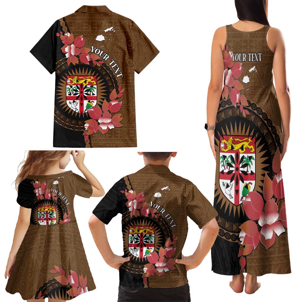 Personalised Fiji Day Family Matching Tank Maxi Dress and Hawaiian Shirt Fijian Tapa Pattern Mix Tagimoucia - Brown Version LT14 - Polynesian Pride