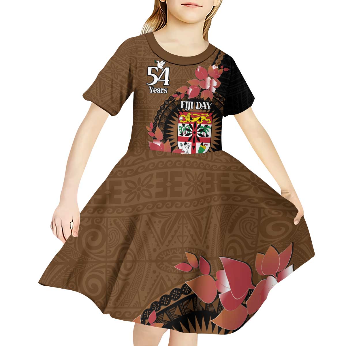 Personalised Fiji Day Kid Short Sleeve Dress Fijian Tapa Pattern Mix Tagimoucia - Brown Version LT14 - Polynesian Pride