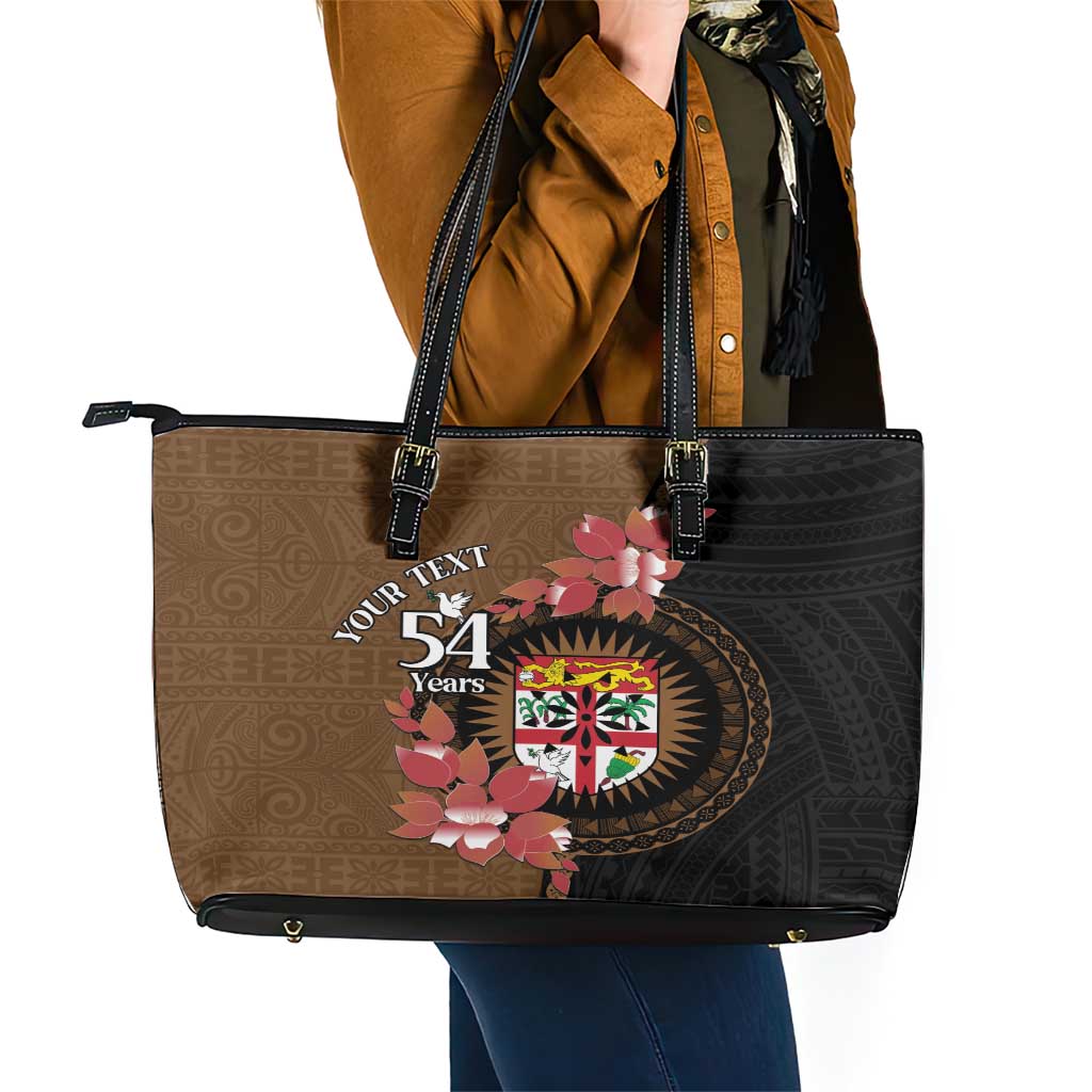 Personalised Fiji Day Leather Tote Bag Fijian Tapa Pattern Mix Tagimoucia - Brown Version