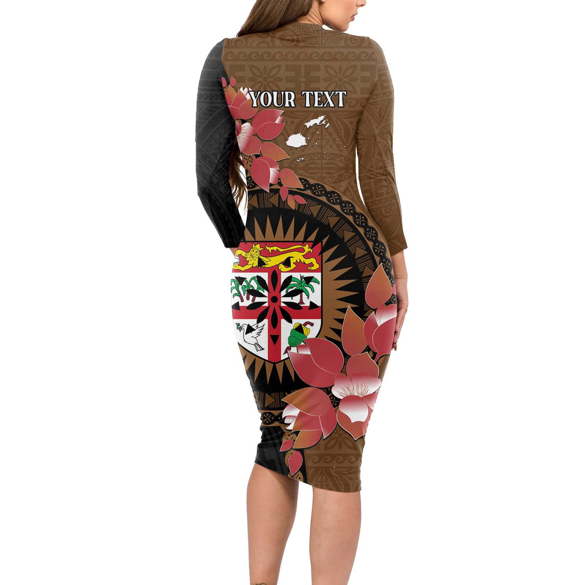 Personalised Fiji Day Long Sleeve Bodycon Dress Fijian Tapa Pattern Mix Tagimoucia - Brown Version LT14 - Polynesian Pride