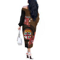 Personalised Fiji Day Off The Shoulder Long Sleeve Dress Fijian Tapa Pattern Mix Tagimoucia - Brown Version LT14 - Polynesian Pride