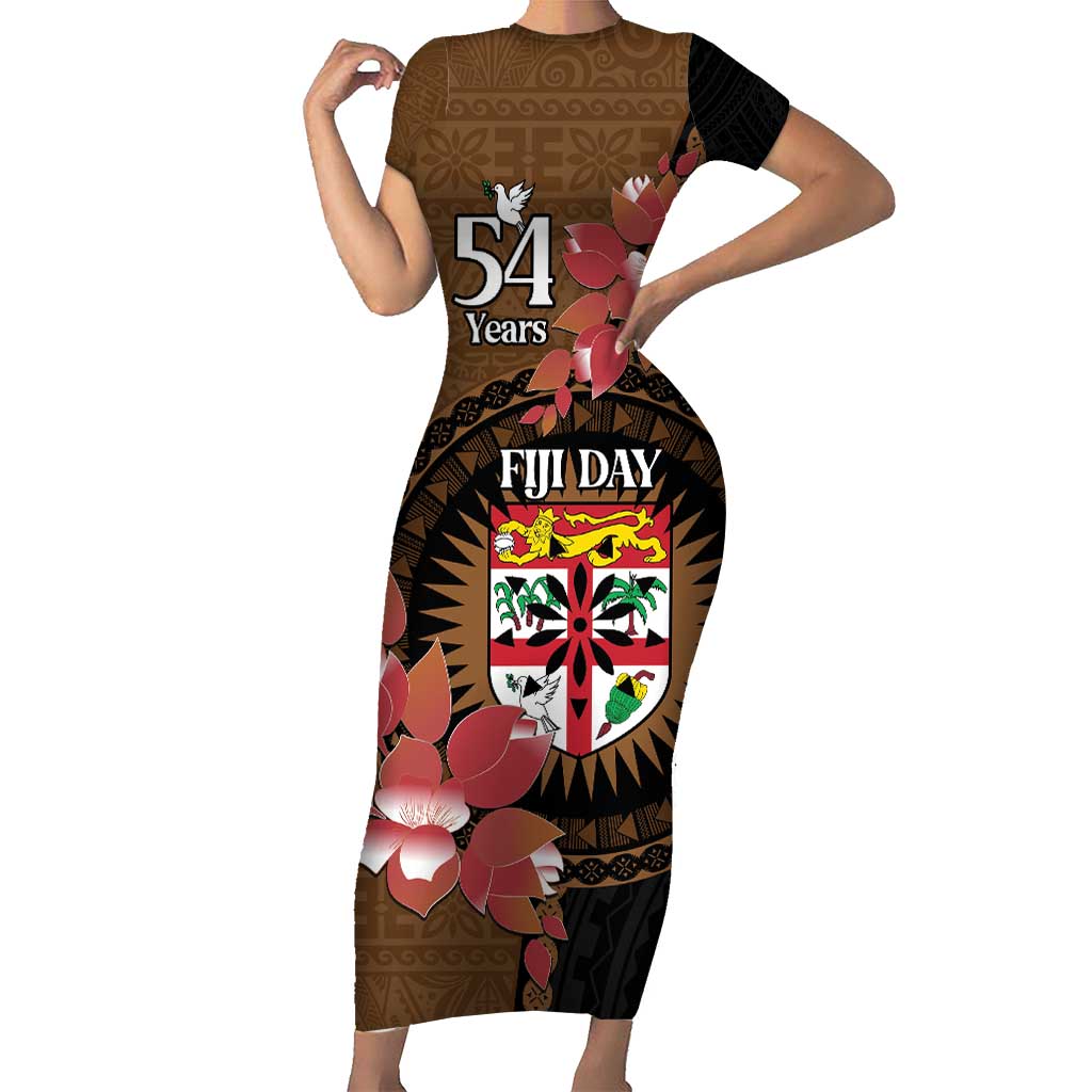 Personalised Fiji Day Short Sleeve Bodycon Dress Fijian Tapa Pattern Mix Tagimoucia - Brown Version LT14 Long Dress Brown - Polynesian Pride