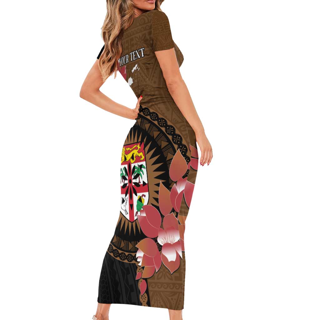 Personalised Fiji Day Short Sleeve Bodycon Dress Fijian Tapa Pattern Mix Tagimoucia - Brown Version LT14 - Polynesian Pride
