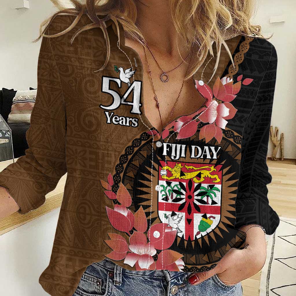 Personalised Fiji Day Women Casual Shirt Fijian Tapa Pattern Mix Tagimoucia - Brown Version LT14 Female Brown - Polynesian Pride