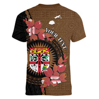 Personalised Fiji Day Women V-Neck T-Shirt Fijian Tapa Pattern Mix Tagimoucia - Brown Version LT14 - Polynesian Pride