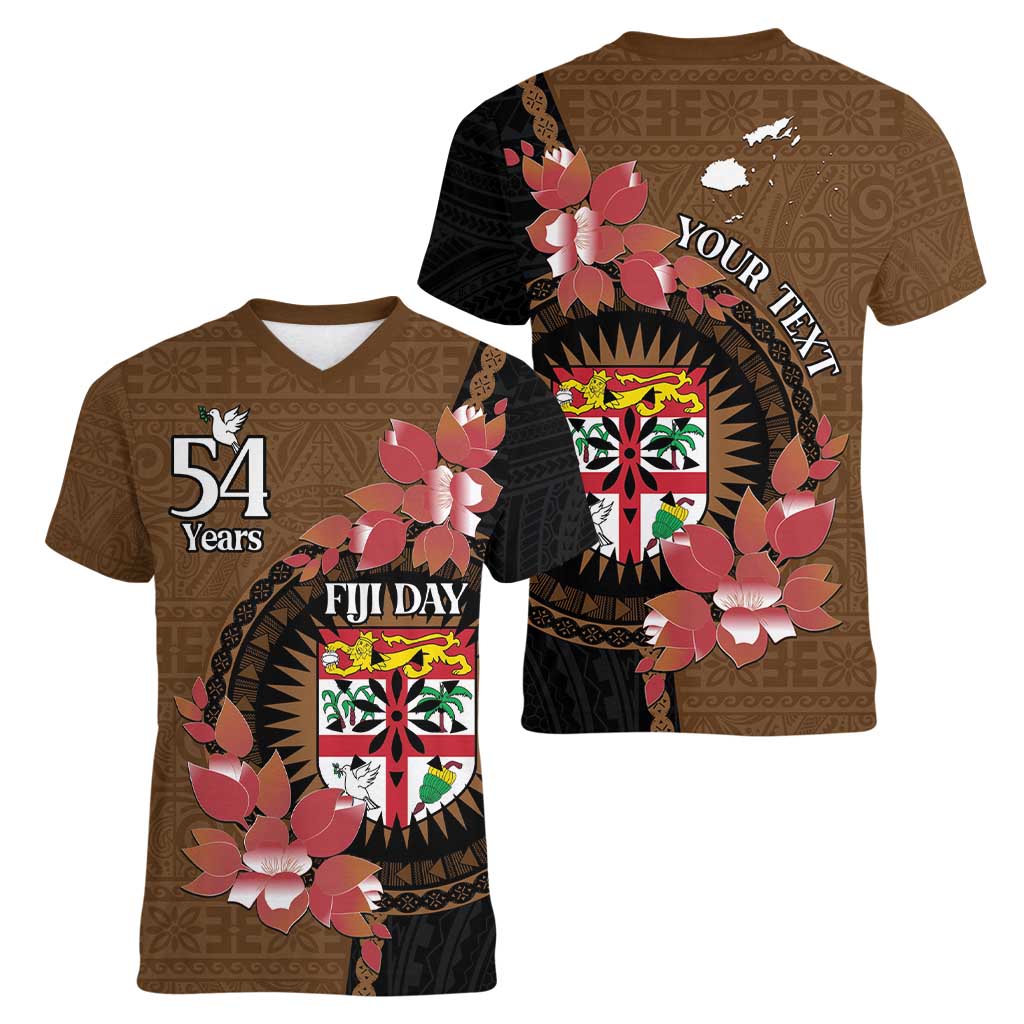 Personalised Fiji Day Women V-Neck T-Shirt Fijian Tapa Pattern Mix Tagimoucia - Brown Version LT14 - Polynesian Pride