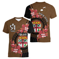 Personalised Fiji Day Women V-Neck T-Shirt Fijian Tapa Pattern Mix Tagimoucia - Brown Version LT14 - Polynesian Pride