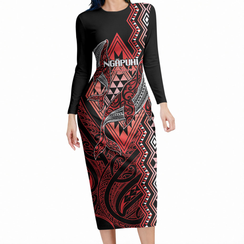Aotearoa Iwi Ngapuhi Personalised Long Sleeve Bodycon Dress NZ Maori Humpback Whale Taniko Motifs LT14 Long Dress Red - Polynesian Pride