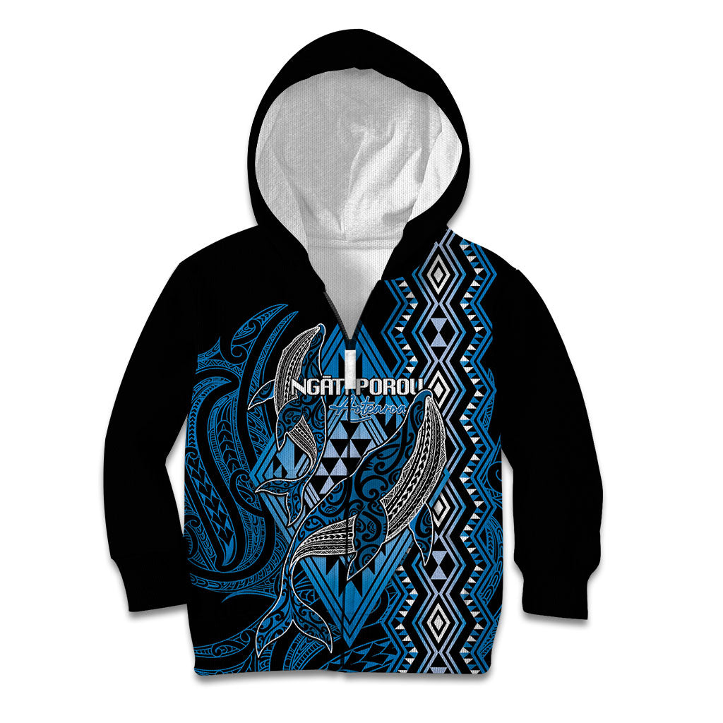 Aotearoa Iwi Ngati Porou Personalised Kid Hoodie NZ Maori Humpback Whale Taniko Motifs LT14 Zip Hoodie Blue - Polynesian Pride