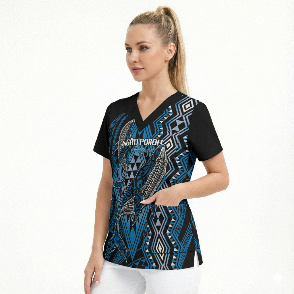 Aotearoa Iwi Ngati Porou Personalised Scrub Top NZ Maori Humpback Whale Taniko Motifs LT14 - Polynesian Pride