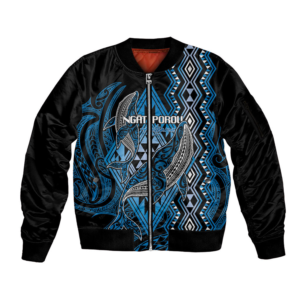 Aotearoa Iwi Ngati Porou Personalised Sleeve Zip Bomber Jacket NZ Maori Humpback Whale Taniko Motifs LT14 Unisex Blue - Polynesian Pride