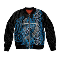 Aotearoa Iwi Ngati Porou Personalised Sleeve Zip Bomber Jacket NZ Maori Humpback Whale Taniko Motifs LT14 Unisex Blue - Polynesian Pride