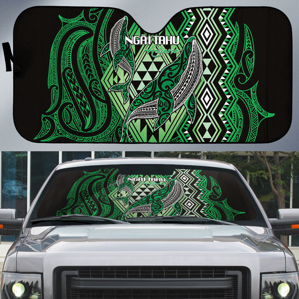 Aotearoa Iwi Ngai Tahu Auto Sun Shade NZ Maori Humpback Whale Taniko Motifs LT14 Green - Polynesian Pride