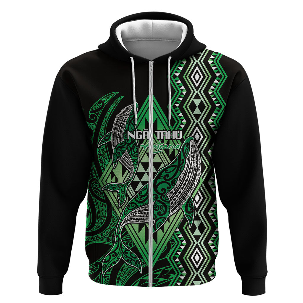 Aotearoa Iwi Ngai Tahu Personalised Hoodie NZ Maori Humpback Whale Taniko Motifs LT14 Zip Hoodie Green - Polynesian Pride