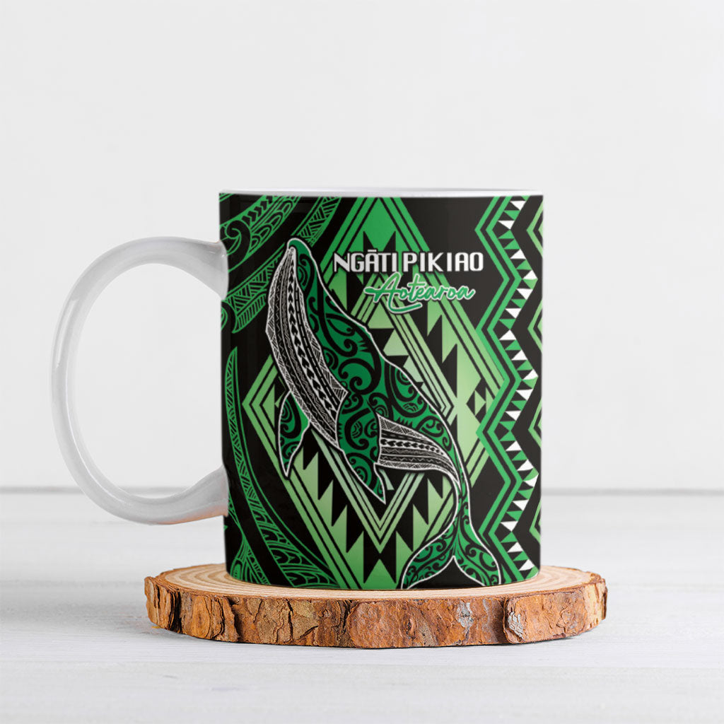 Aotearoa Iwi Ngati Pikiao Personalised Ceramic Mug NZ Maori Humpback Whale Taniko Motifs LT14 Green - Polynesian Pride