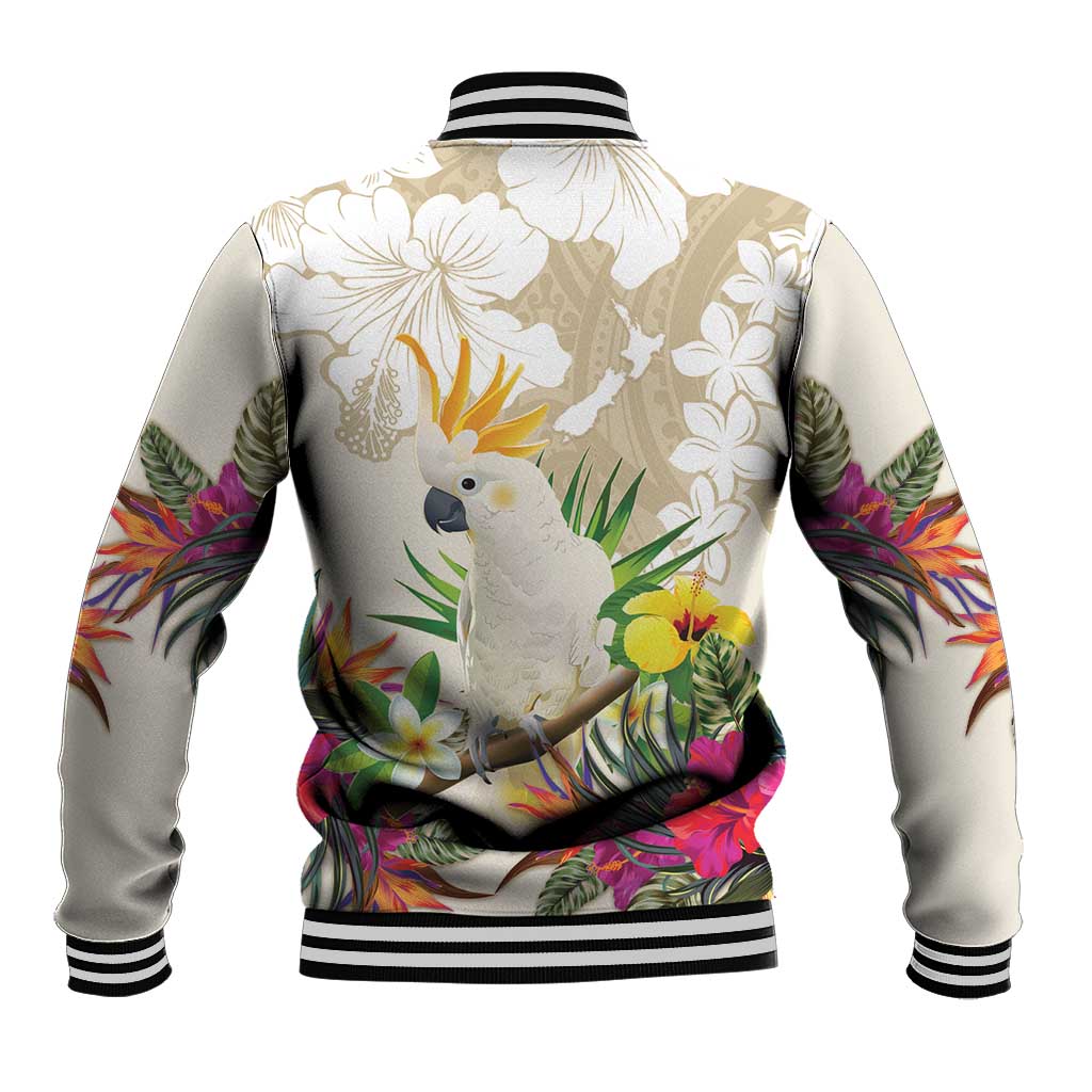 New Zealand Cacatua Galerita Baseball Jacket Aotearoa Cockatoo Tropical Flowers LT14 - Polynesian Pride