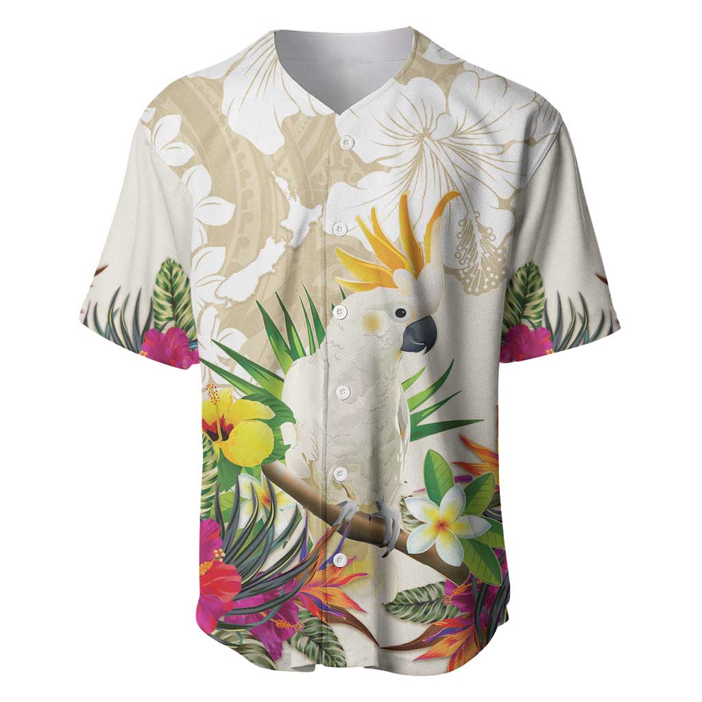 New Zealand Cacatua Galerita Baseball Jersey Aotearoa Cockatoo Tropical Flowers LT14 Beige - Polynesian Pride